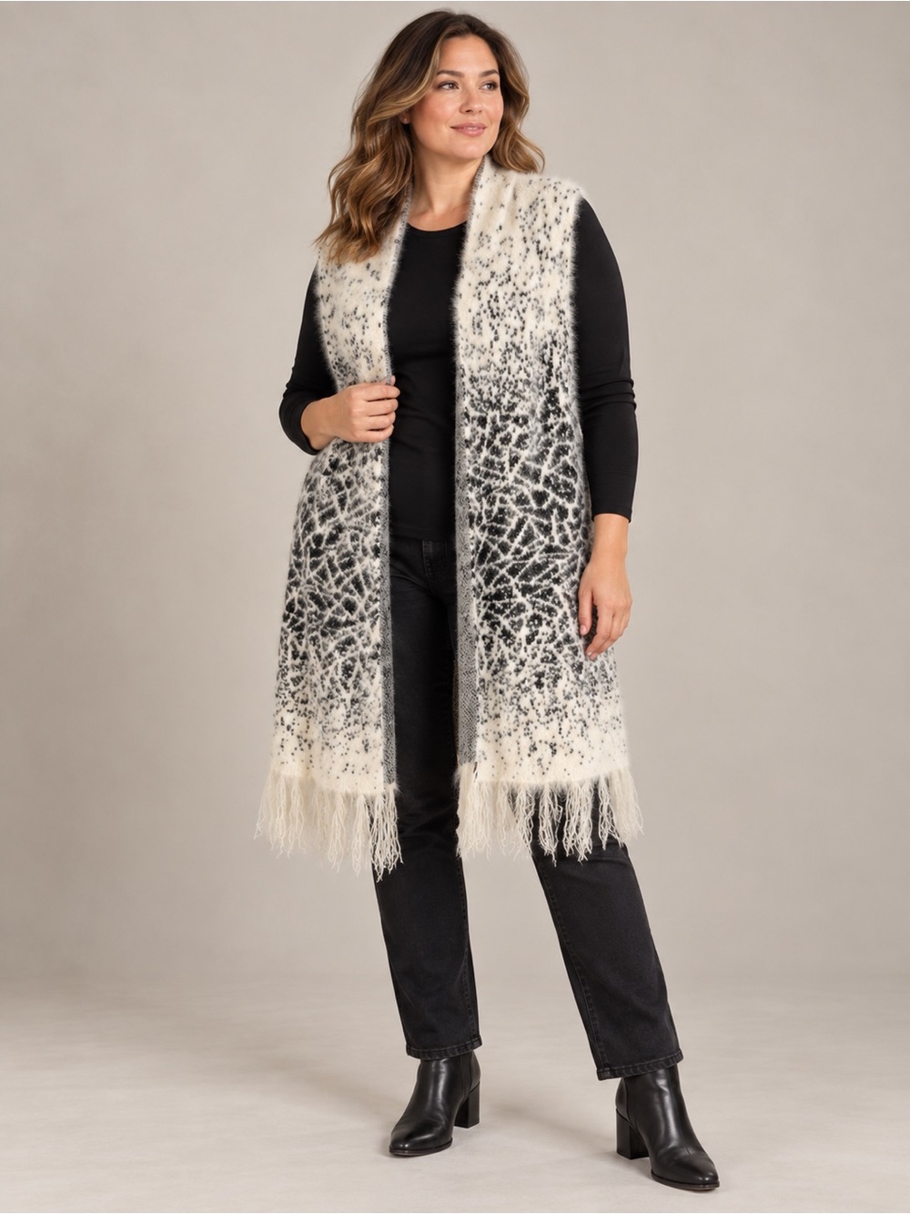 NWT Kamana Black & Ivory Fuzzy Longline Fringe Sweater Vest Size L